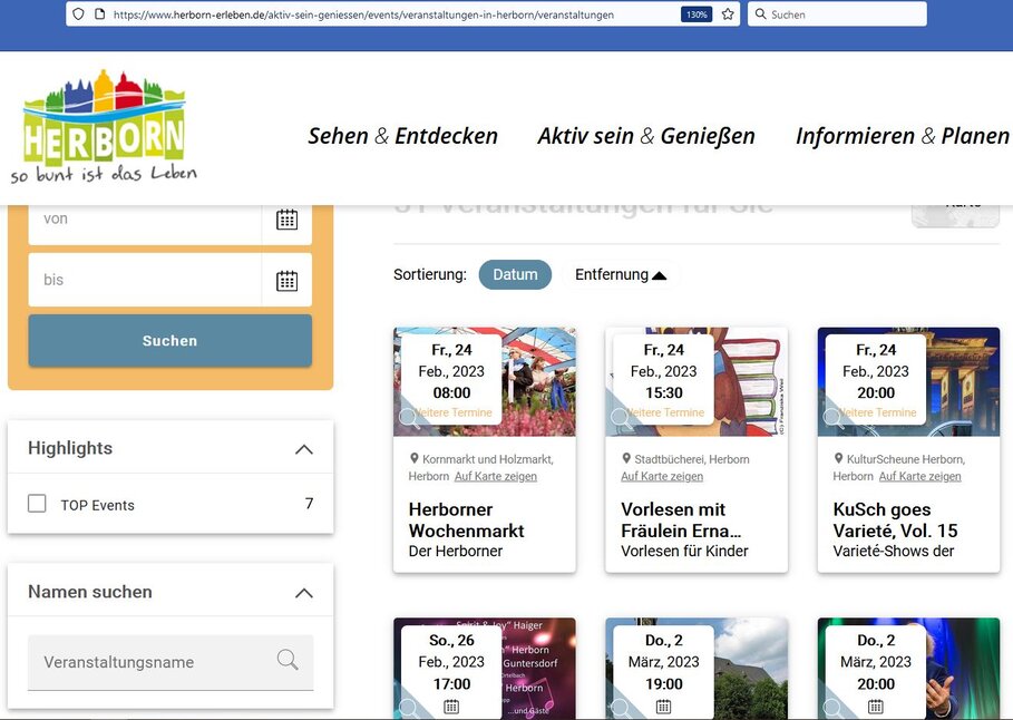 Sceenshot des Veranstaltungsportals im Internet.