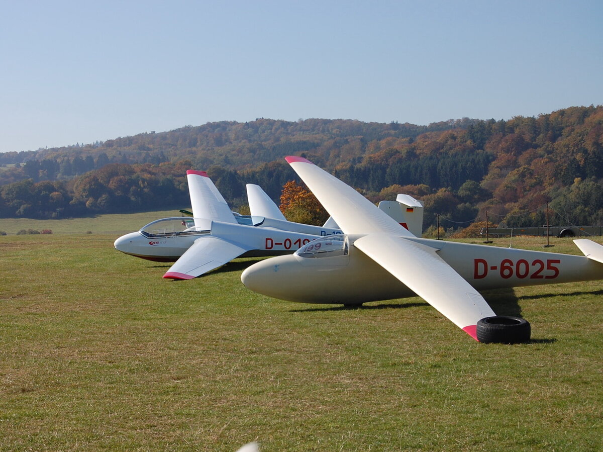 Drei Segelflieger auf einer Wiese